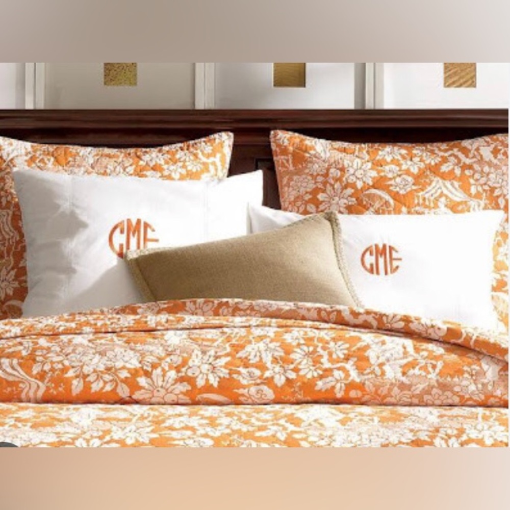 NWOT 2 POTTERY BARN TEA GARDEN Orange Quilted Toile Chinoiserie Standard Shams